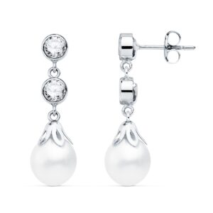Pendientes de Novia de Oro Blanco 18k con Circonitas y Perlas