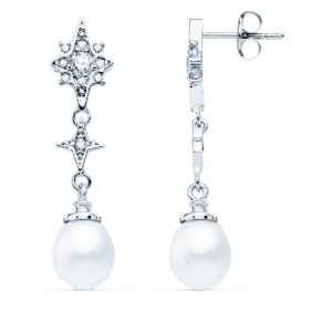 Pendientes de Novia de Oro Blanco 18k con Circonitas y Perlas