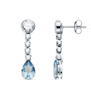 Pendientes de Novia de Oro Blanco con Circonitas y Piedra Azul