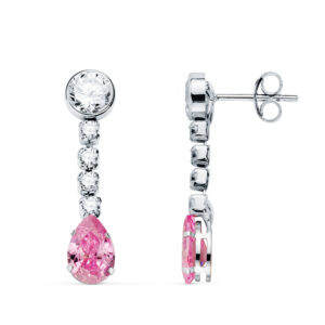 Pendientes de Novia de Oro Blanco con Circonitas y Piedra Rosa