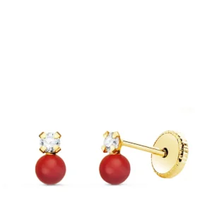 Pendientes de Oro Amarillo de 18k con Coral y Circonita 3x5mm