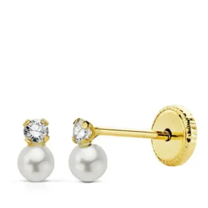 Pendientes de Oro Amarillo de 18k con Perla y Circonita 3x5mm
