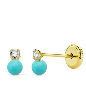 Pendientes de Oro Amarillo de 18k con Turquesa y Circonita 3x5mm