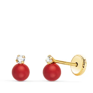 Pendientes de Oro Amarillo de 18k con Coral y Circonita 4x6.5mm