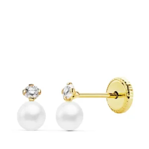 Pendientes de Oro Amarillo de 18k con Perla y Circonita 3.5x6mm
