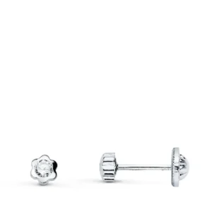 Pendientes de Oro Blanco 18k Flor con Circonita