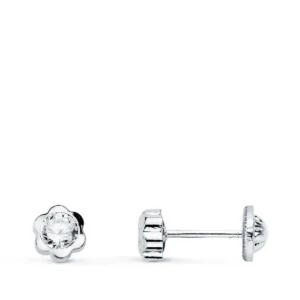Pendientes de Oro Blanco 18k Flor con Circonita