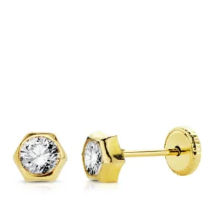 Pendientes de Oro Amarillo 18k Hexagono con Circonita