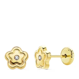 Pendientes de Oro Amarillo de 18k Flor con Circonita