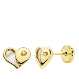 Pendientes de Oro Amarillo de 18k Corazón con Nácar y Circonita