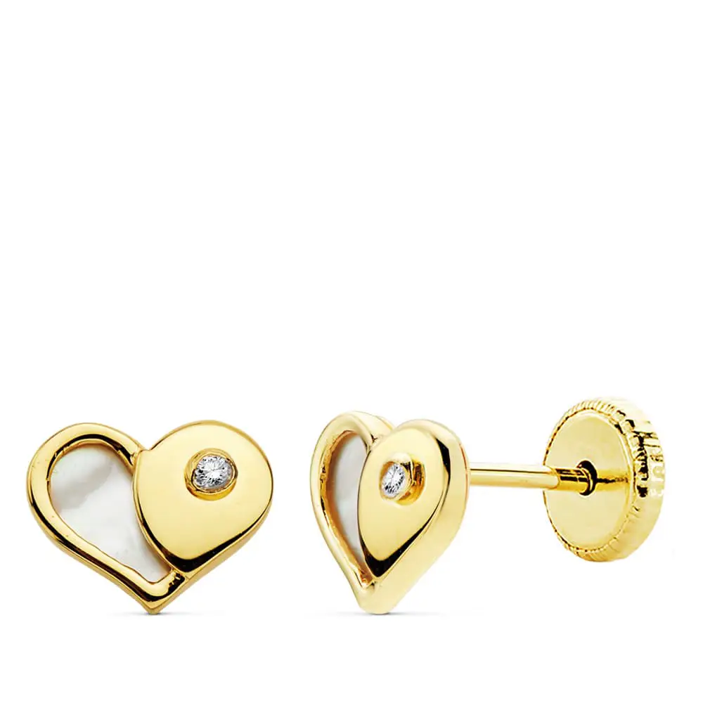 Pendientes de Oro Amarillo de 18k Corazón con Nácar y Circonita