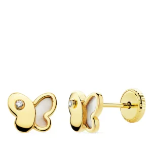 Pendientes de Oro Amarillo de 18k Mariposa con Nácar y Circonita