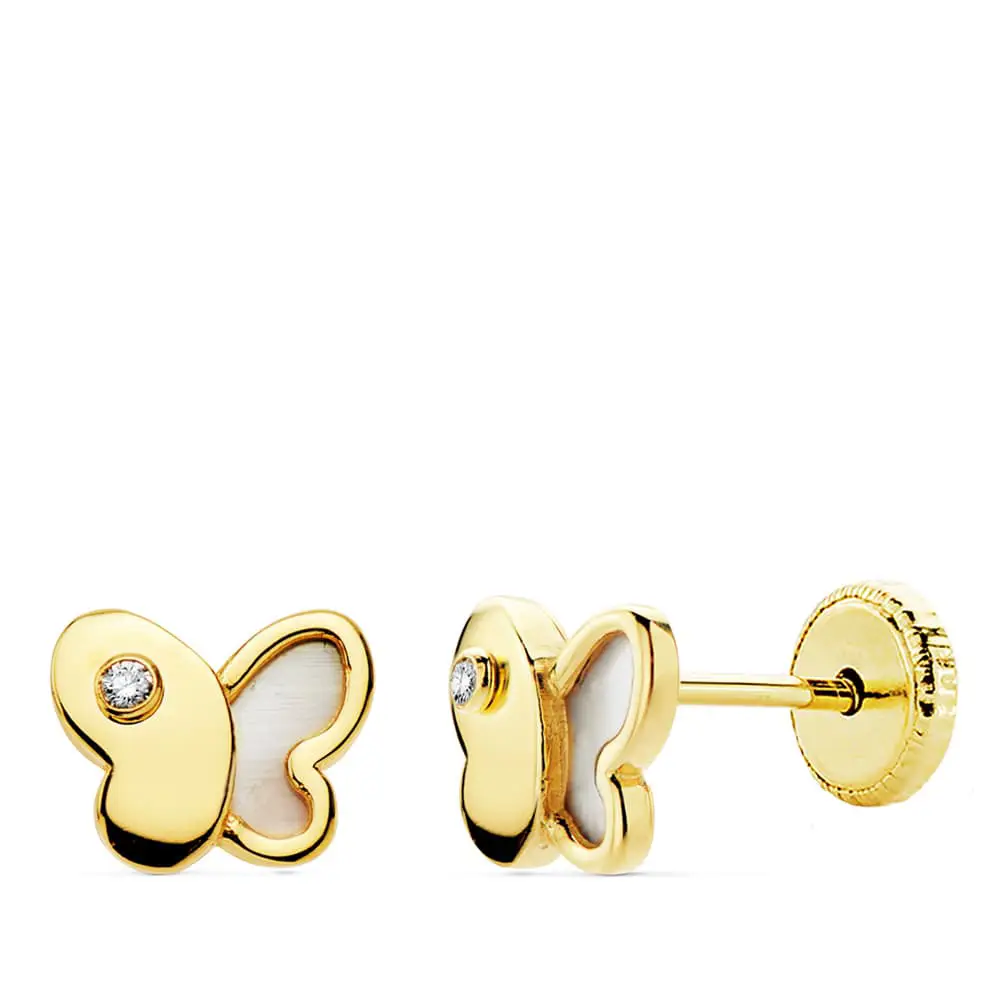 Pendientes de Oro Amarillo de 18k Mariposa con Nácar y Circonita