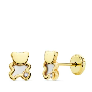 Pendientes de Oro Amarillo de 18k Oso con Nácar y Circonita