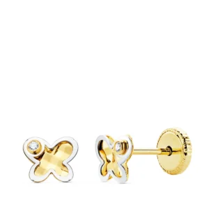 Pendientes de Oro Amarillo de 18k Mariposa Bicolor con Circonita