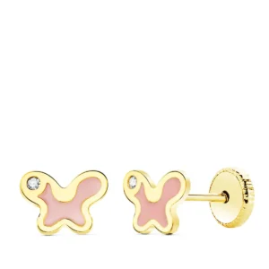 Pendientes de Oro Amarillo 18k Mariposa con Esmalte y Circonita