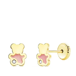 Pendientes de Oro Amarillo 18k Oso con Esmalte y Circonita