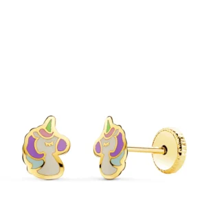 Pendientes de Oro Amarillo 18k Unicornio con Esmalte