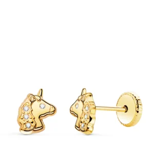Pendientes de Oro Amarillo 18k Unicornio con Circonitas
