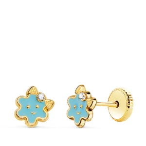 Pendientes de Oro Amarillo 18k Flor con Esmalte
