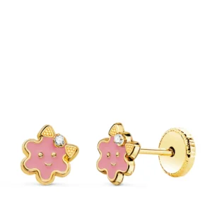 Pendientes de Oro Amarillo 18k Flor con Esmalte