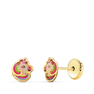 Pendientes de Oro Amarillo 18k Unicornio con Esmalte