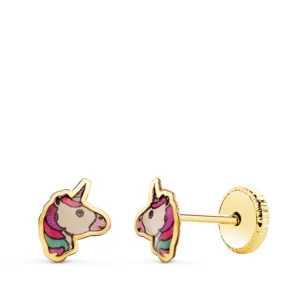 Pendientes de Oro Amarillo 18k Unicornio con Esmalte