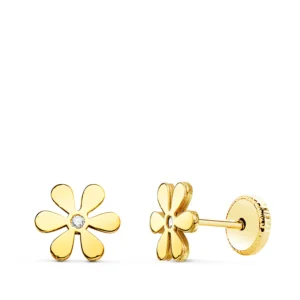 Pendientes de Oro Amarillo de 18k Flor con Seis Petalos y Circonita