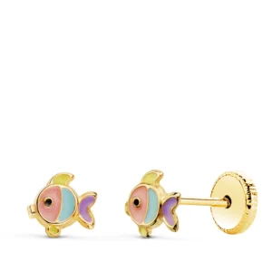 Pendientes de Oro Amarillo 18k Pez con Esmalte