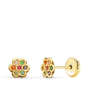 Pendientes de Oro Amarillo 18k Flor con Circonitas de Colores