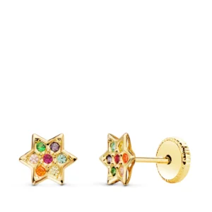 Pendientes de Oro Amarillo 18k Estrella con Circonitas de Colores