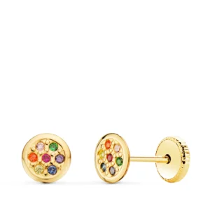 Pendientes de Oro Amarillo 18k Redondos con Circonitas de Colores