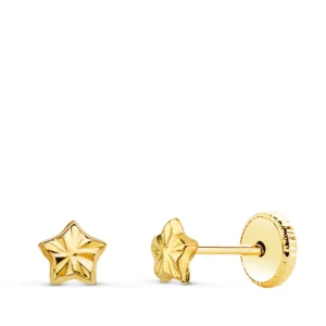 Pendientes de Oro Amarillo 18k Estrella Tallada 4mm