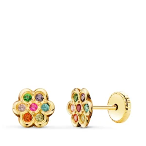 Pendientes de Oro Amarillo 18k Flor con Circonitas de Colores
