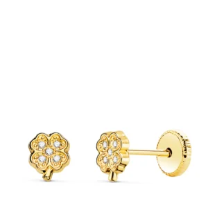 Pendientes de Oro Amarillo 18k Trébol con Circonitas
