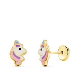 Pendientes de Oro Amarillo 18k Unicornio con Esmalte