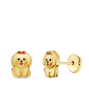 Pendientes de Oro Amarillo 18k Perro con Detalles en Esmalte