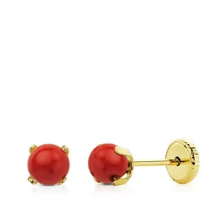 Pendientes de Oro Amarillo de 18k con Coral 4mm