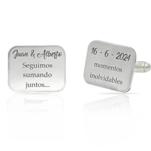 Gemelos de Plata de Ley Rectangulares con Nombres Fecha y Frase
