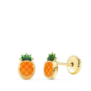 Pendientes de Oro Amarillo 18k Piña con Esmalte