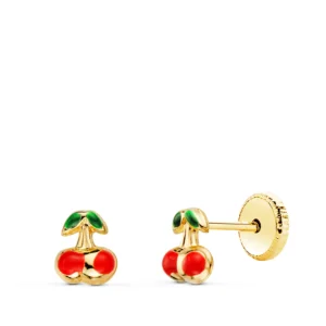 Pendientes de Oro Amarillo 18k Cereza con Esmalte 4x5mm