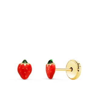 Pendientes de Oro Amarillo 18k Fresa con Esmalte