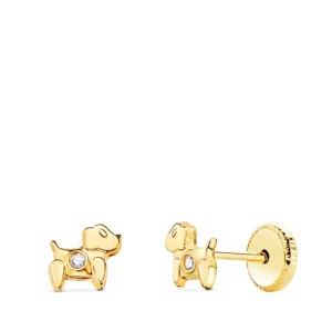 Pendientes de Oro Amarillo de 18k Perro con Circonita