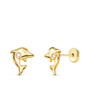 Pendientes de Oro Amarillo de 18k Delfín con Circonita