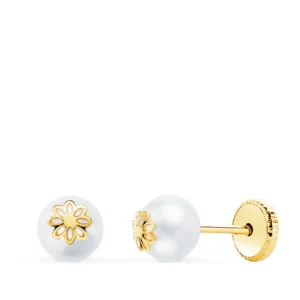 Pendientes de Oro Amarillo de 18k Perlas con Motivo Flor