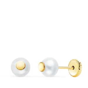 Pendientes de Oro Amarillo de 18k Perlas con Motivo Redondo