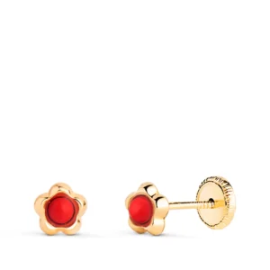 Pendientes de Oro Amarillo de 18k Flor con Coral 5mm