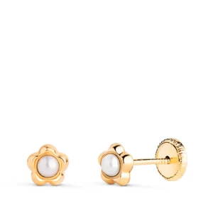 Pendientes de Oro Amarillo de 18k Flor con Perla 5mm