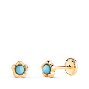 Pendientes de Oro Amarillo de 18k Flor con Turquesa 5mm