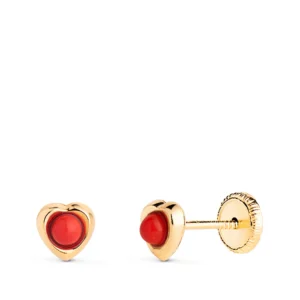 Pendientes de Oro Amarillo de 18k Corazón con Coral 5mm
